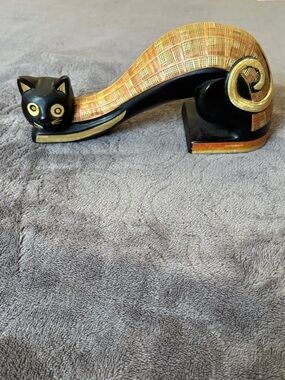Cat Handcrafted Black and Gold Curled Figurine 8 inch